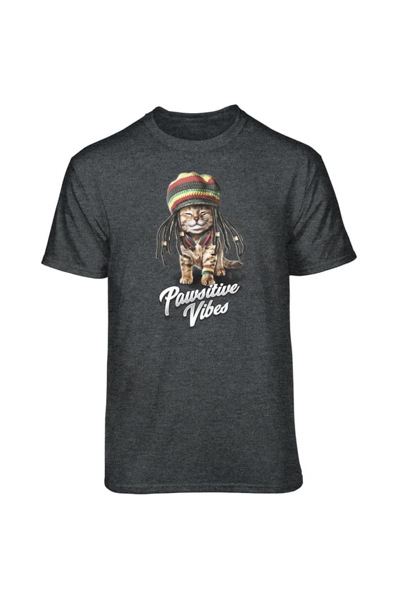 Men's Dark Grey Pawsitive Vibes Rasta Cat Relaxed Fit Short Sleeve Graphic T-Shirt