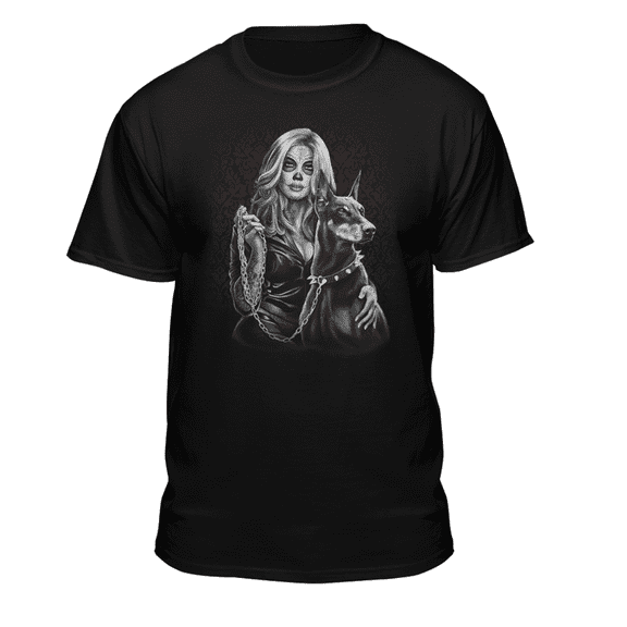 Teelocity Men's Day of the Dead Tattoo Girl with Doberman Tough Dog Black Relaxed Fit Short Sleeve Graphic T-Shirt