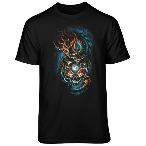 Teelocity Men's Dragon with Skull Black Relaxed Fit Short Sleeve Graphic T-Shirt