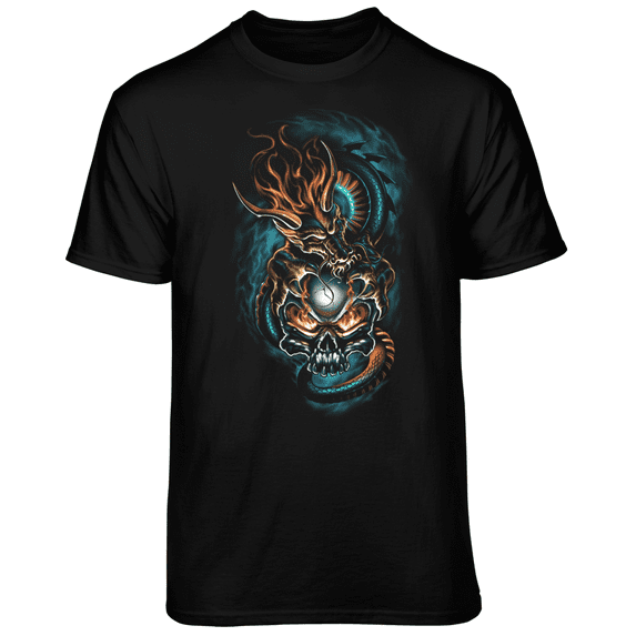 Teelocity Men's Dragon with Skull Black Relaxed Fit Short Sleeve Graphic T-Shirt