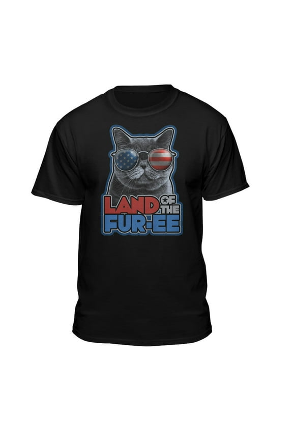 Men's Funny Cat Red, White and Blue Americana Land of the Furee Black Relaxed Fit Short Sleeve Graphic T-Shirt