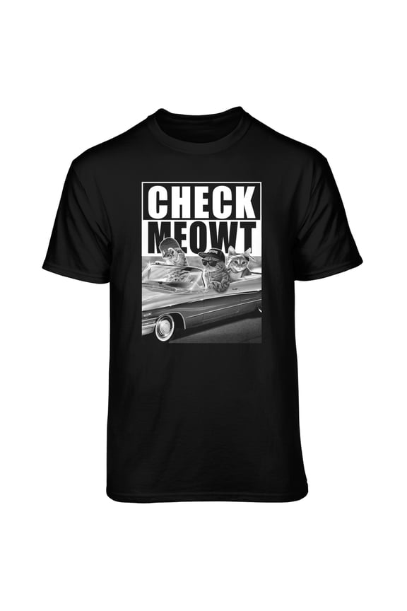 Men's Funny Check Meowt Ganster Rapper Cats in a Lowrider Car Black Relaxed Fit Short Sleeve Graphic T-Shirt