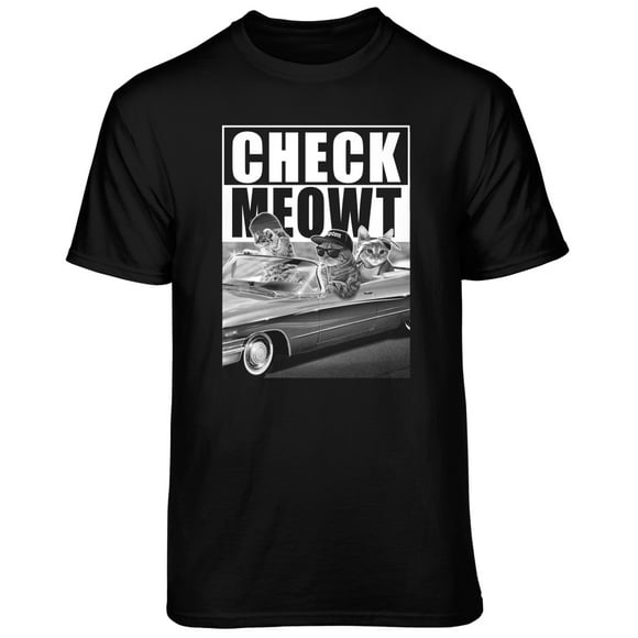 Teelocity Men's Funny Check Meowt Ganster Rapper Cats in a Lowrider Car Black Relaxed Fit Short Sleeve Graphic T-Shirt