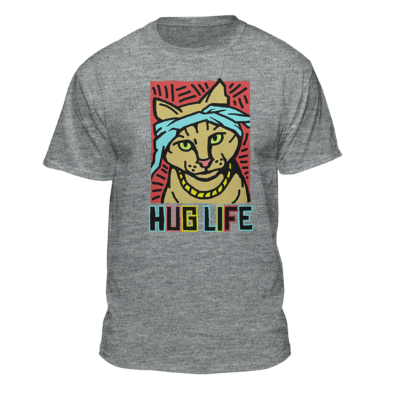 Teelocity Men's Funny Funky Hug Life Rapper Cat Athletic Heather Relaxed Fit Short Sleeve Graphic T-Shirt