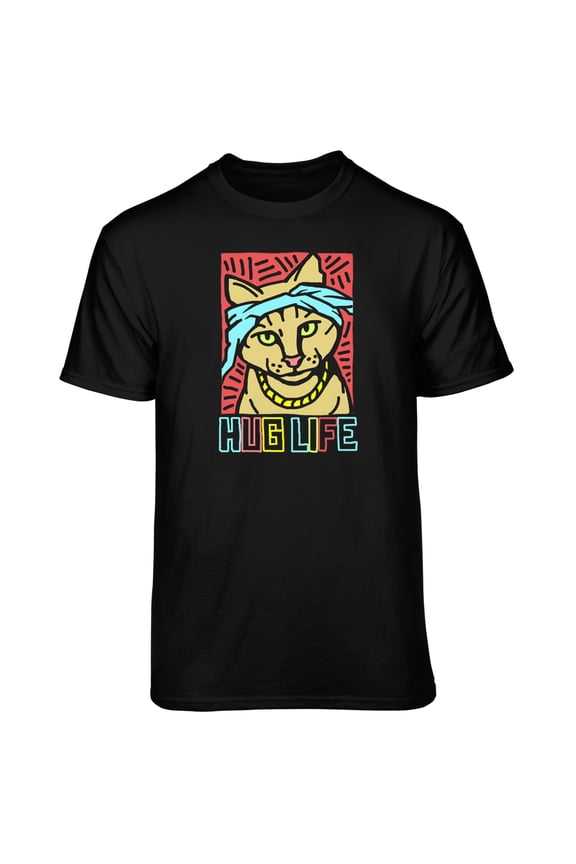 Men's Funny Funky Hug Life Rapper Cat Black Relaxed Fit Short Sleeve Graphic T-Shirt