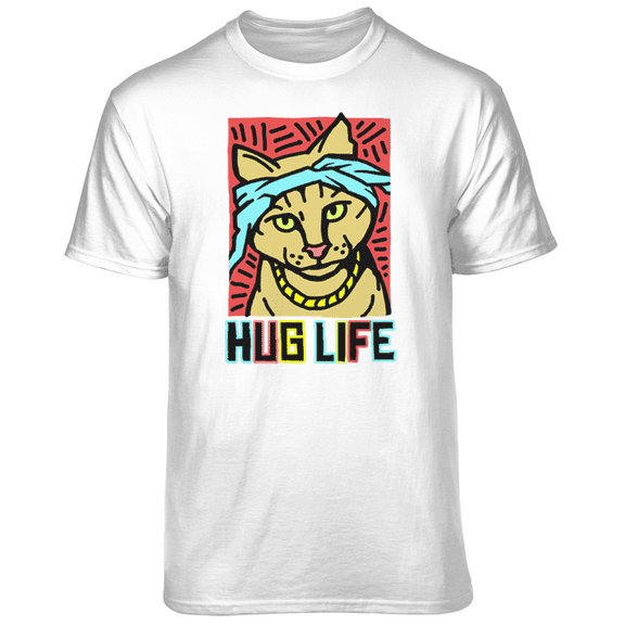 Teelocity Men's Funny Funky Hug Life Rapper Cat White Relaxed Fit Short Sleeve Graphic T-Shirt