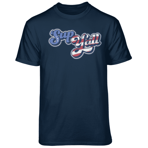 Teelocity Men's Funny Red, White and Blue Americana "Sup Yall" Navy Relaxed Fit Short Sleeve Graphic T-Shirt