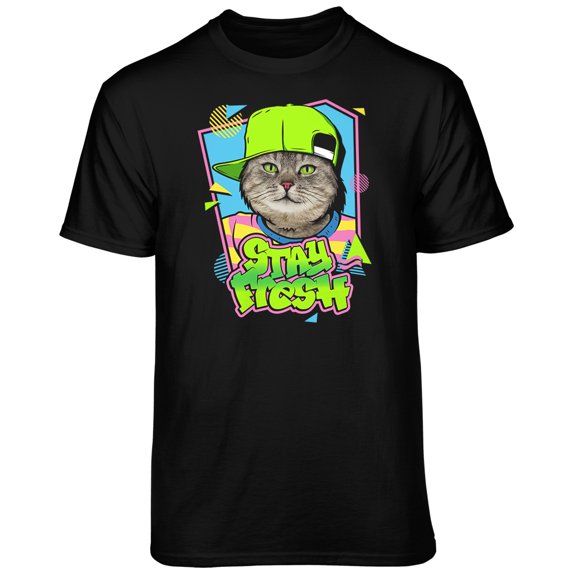 Teelocity Men's Funny Retro 90s Stay Fresh Cat in a Hat Black Relaxed Fit Short Sleeve Graphic T-Shirt
