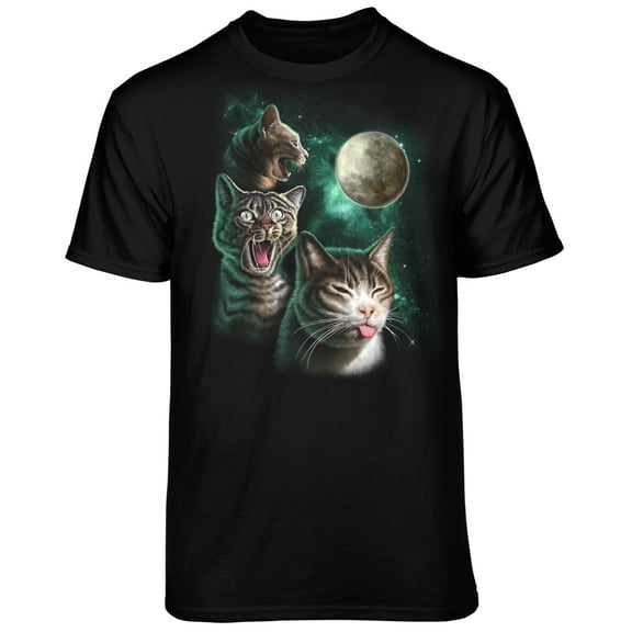 Teelocity Men's Funny Retro Picture Three Cats with Moon Black Relaxed Fit Short Sleeve Graphic T-Shirt