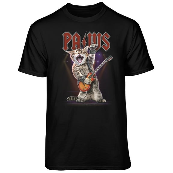 Teelocity Men's Funny Rock and Roll Rockstar PAWS Cat with a Guitar Black Relaxed Fit Short Sleeve Graphic T-Shirt