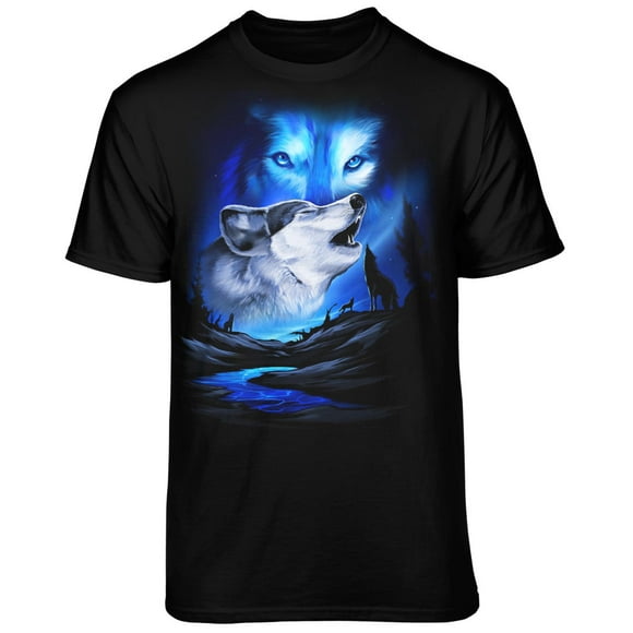 Teelocity Men's Howling Wolf and Aurora Black Relaxed Fit Short Sleeve Graphic T-Shirt