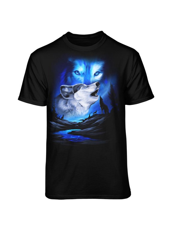 Men's Howling Wolf and Aurora Black Relaxed Fit Short Sleeve Graphic T-Shirt