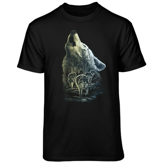 Teelocity Men's Howling Wolf with Forest Wolf Pack Black Relaxed Fit Short Sleeve Graphic T-Shirt