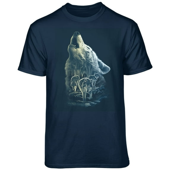 Teelocity Men's Howling Wolf with Forest Wolf Pack Navy Relaxed Fit Short Sleeve Graphic T-Shirt
