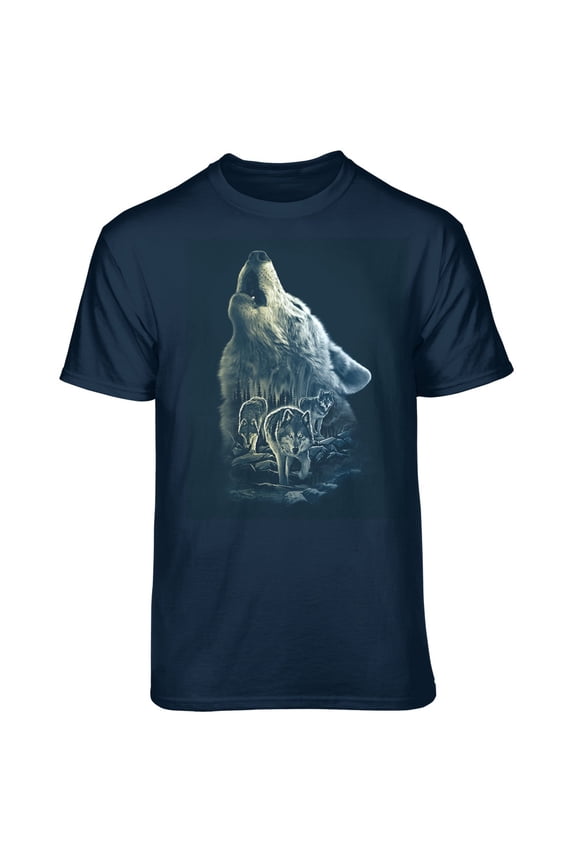 Men's Howling Wolf with Forest Wolf Pack Navy Relaxed Fit Short Sleeve Graphic T-Shirt