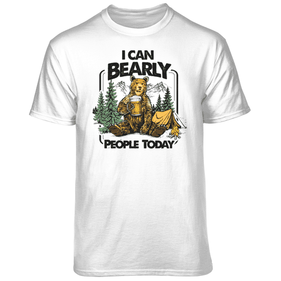 Teelocity Men's I Can Bearly People Funny Drinking Bear in the Woods White Relaxed Fit Short Sleeve Graphic T-Shirt