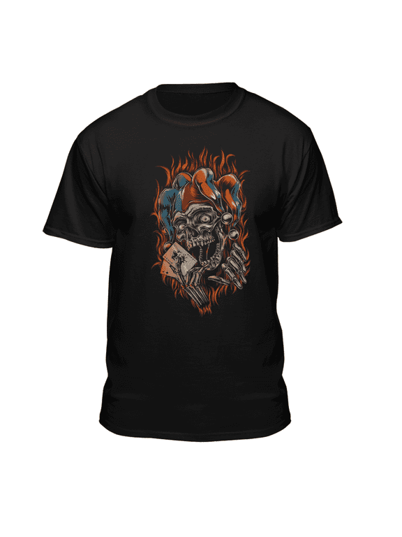 Men's Jester Skeleton with Flames and Playing Cards Black Relaxed Fit Short Sleeve Graphic T-Shirt