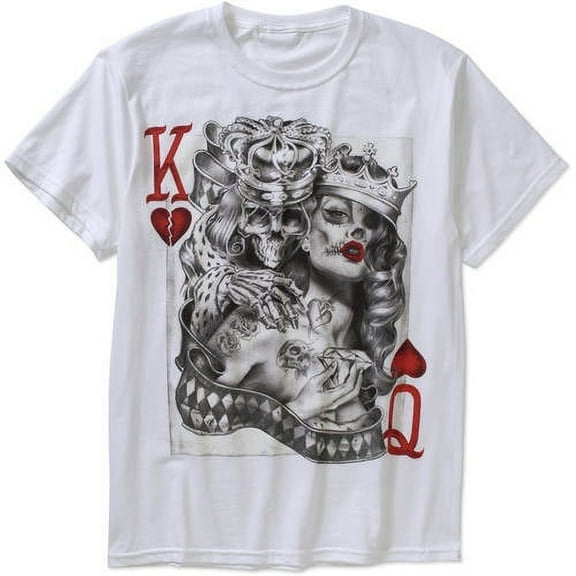 Teelocity Men's Playing Card Skeleton King and Queen of Hearts White Relaxed Fit Short Sleeve Graphic T-Shirt