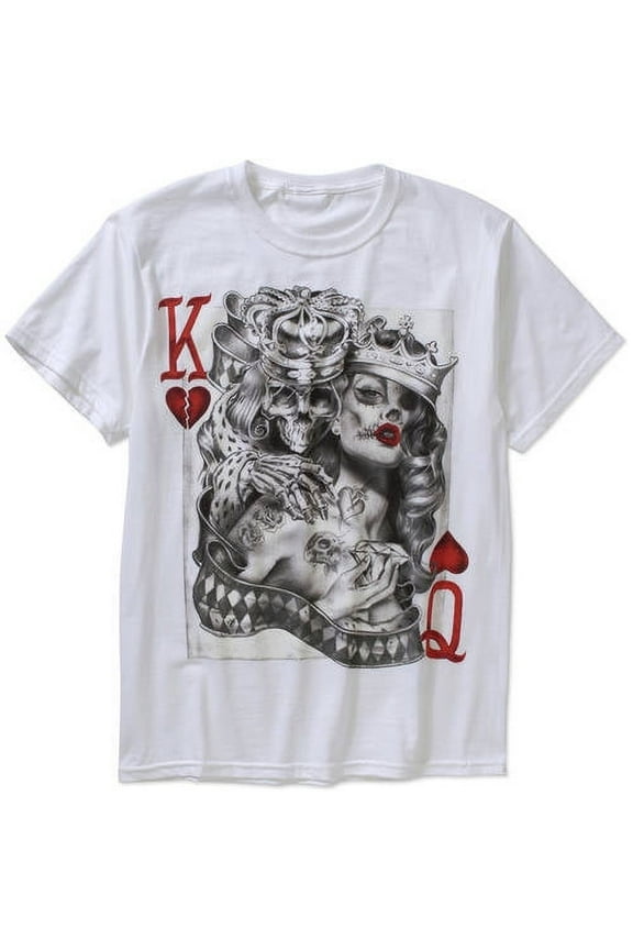 Men's Playing Card Skeleton King and Queen of Hearts White Relaxed Fit Short Sleeve Graphic T-Shirt