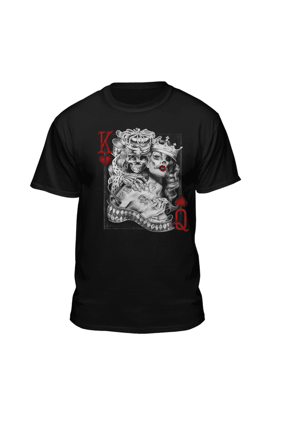 Men's Playing Card Skeleton King and Queen of Hearts White Relaxed Fit Short Sleeve Graphic T-Shirt