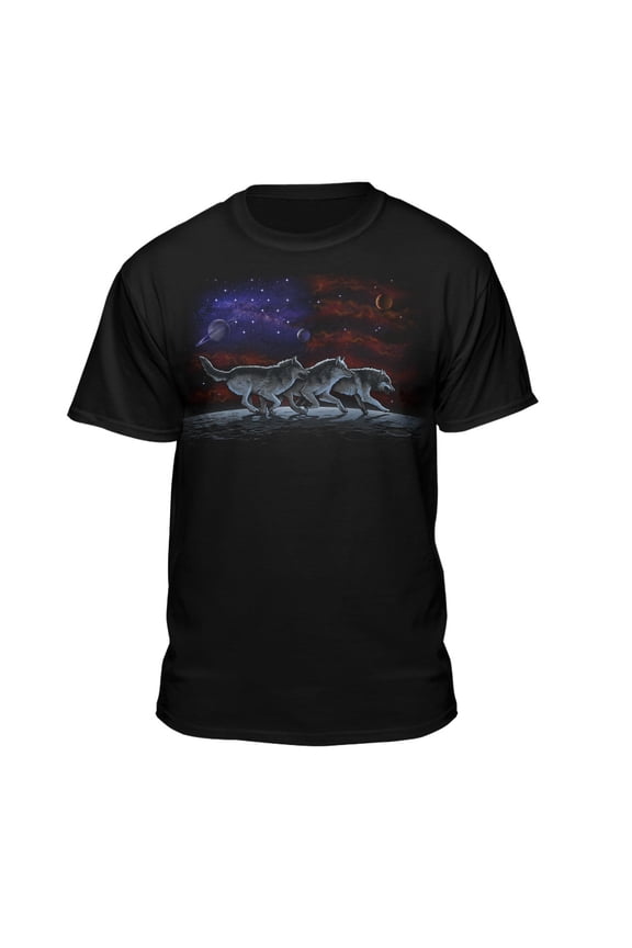 Men's Running Wolves with Flag and Galaxy Black Relaxed Fit Short Sleeve Graphic T-Shirt