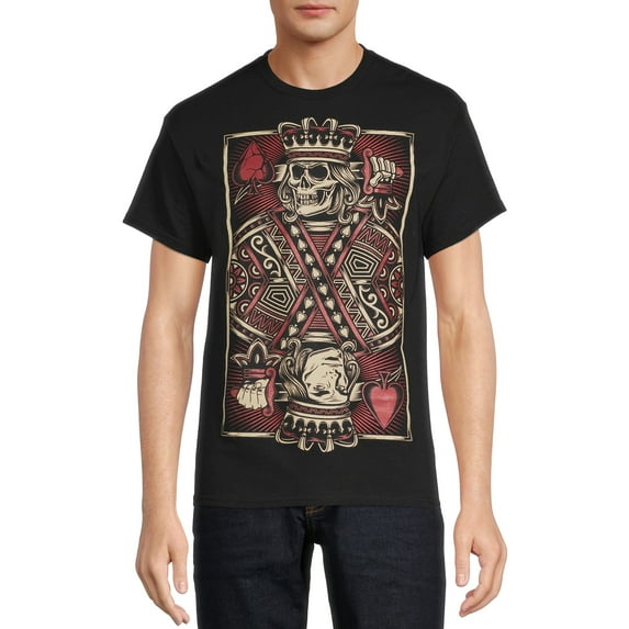Teelocity Men's Skeleton King Broken Heart Playing Card Black Relaxed Fit Short Sleeve Graphic T-Shirt