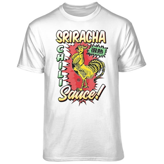 Teelocity Men's Sriracha Chili Sauce Rooster Comic Book Look White Relaxed Fit Short Sleeve Graphic T-Shirt