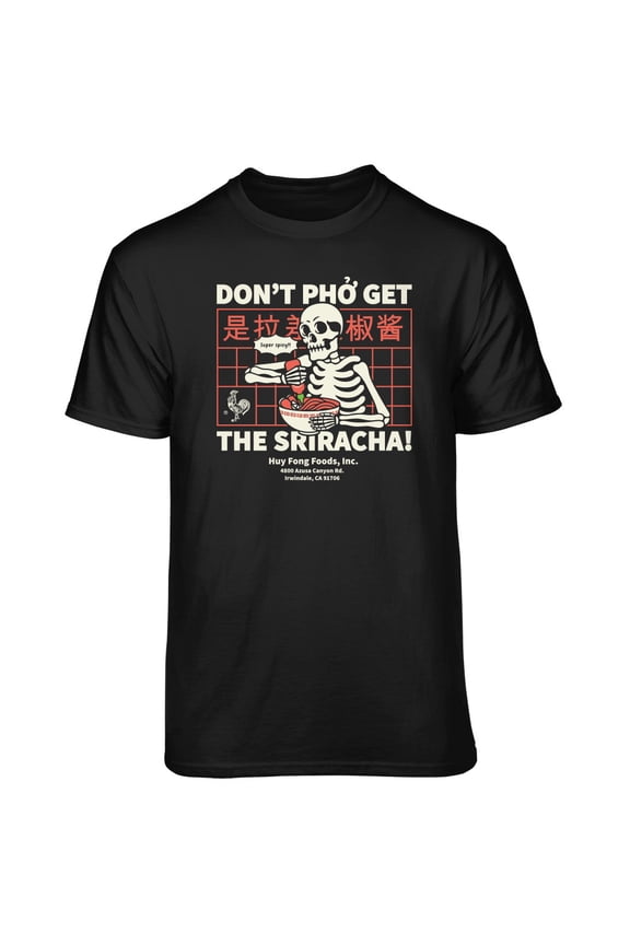 Men's Sriracha "Don't Pho Get the Sriracha" Skeleton Hot Sauce Noodle Bowl Black Relaxed Fit Short Sleeve Graphic T-Shirt