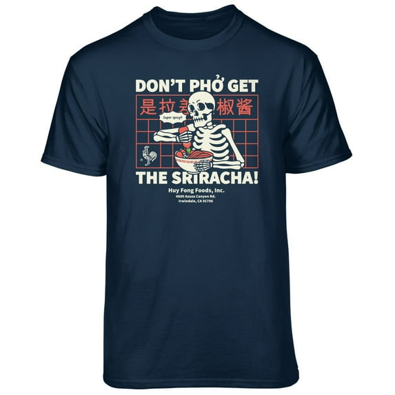 Teelocity Men's Sriracha "Don't Pho Get the Sriracha" Skeleton Hot Sauce Noodle Bowl Navy Relaxed Fit Short Sleeve Graphic T-Shirt