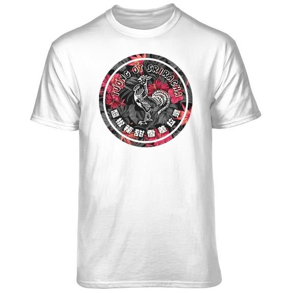 Teelocity Men's Sriracha Floral Print Hot Sauce Label White Relaxed Fit Short Sleeve Graphic T-Shirt
