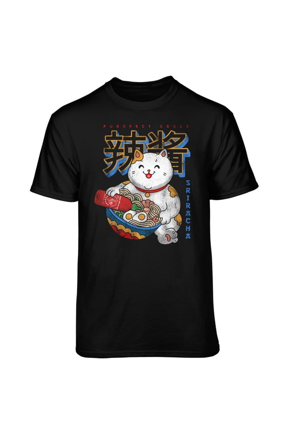 Men's Sriracha Kanji Mankeki Neko Waving Cat Hot Sauce Noodle Bowl Black Relaxed Fit Short Sleeve Graphic T-Shirt