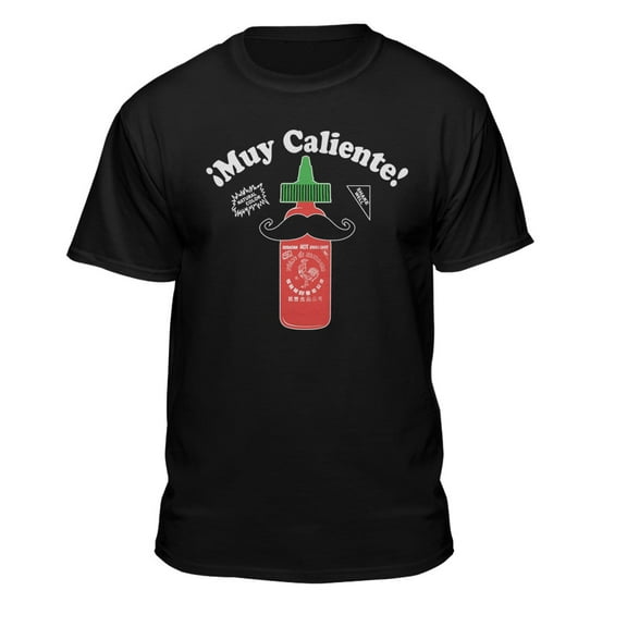 Teelocity Men's Sriracha Muy Caliente! Hot Sauce Black Relaxed Fit Short Sleeve Graphic T-Shirt