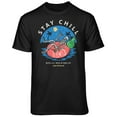 thumbnail image 1 of Teelocity Men's Sriracha "Stay Chill" relaxing Skeleton on floating chili sauce tube Black Relaxed Fit Short Sleeve Graphic T-Shirt, 1 of 3