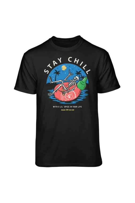 Men's Sriracha "Stay Chill" relaxing Skeleton on floating chili sauce tube Black Relaxed Fit Short Sleeve Graphic T-Shirt