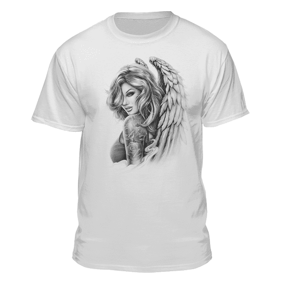 Teelocity Men's Tattoo Angel Crying Pinup Girl with Wings White Relaxed Fit Short Sleeve Graphic T-Shirt