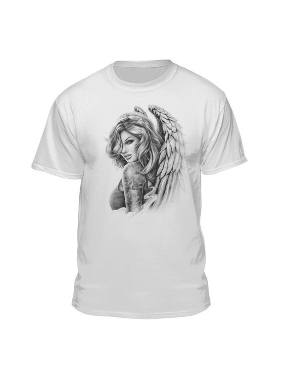 Men's Tattoo Angel Crying Pinup Girl with Wings White Relaxed Fit Short Sleeve Graphic T-Shirt