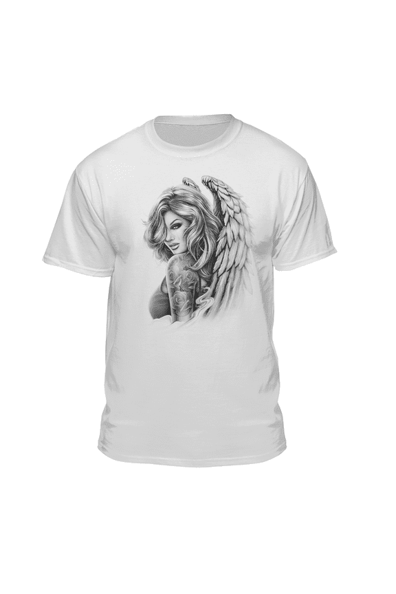 Men's Tattoo Angel Crying Pinup Girl with Wings White Relaxed Fit Short Sleeve Graphic T-Shirt