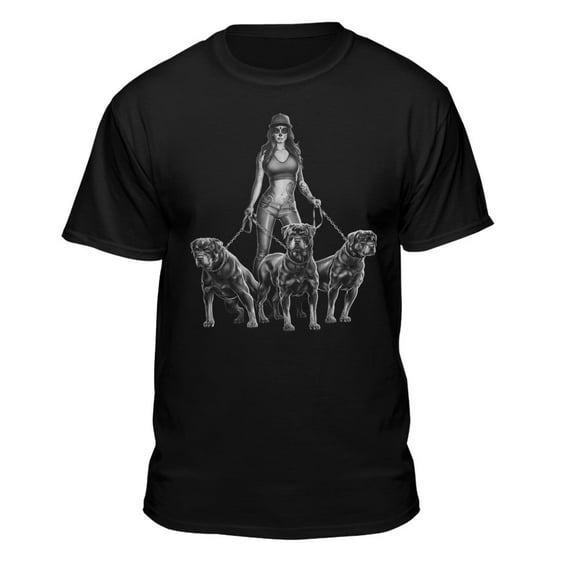 Teelocity Men's Tattoo Girl with Rottweiler Tough Dogs Black Relaxed Fit Short Sleeve Graphic T-Shirt
