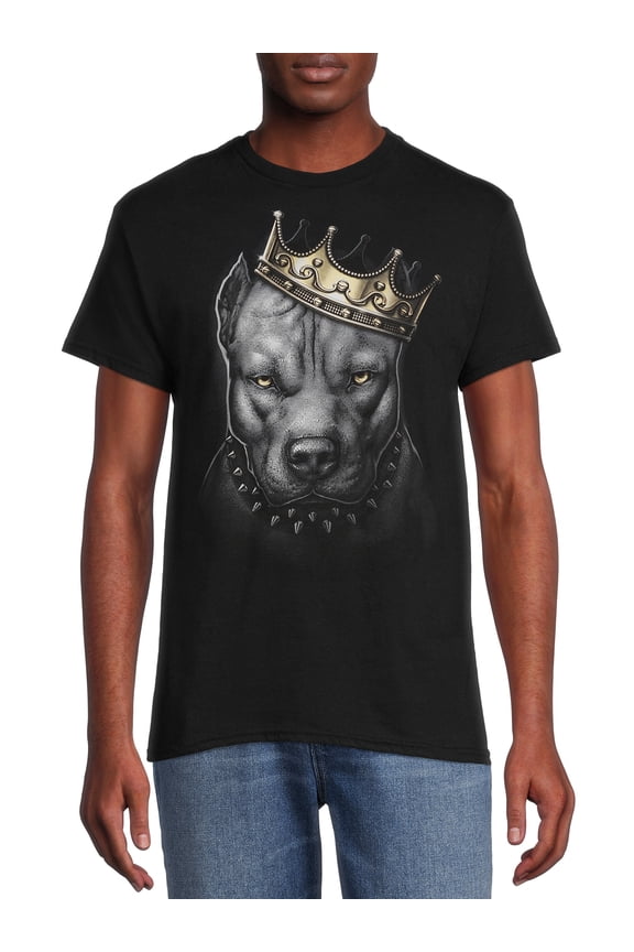 Men's Tough Dog Pitbull with Crown Black Relaxed Fit Short Sleeve Graphic T-Shirt