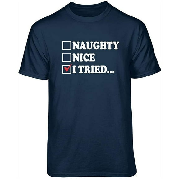 Teelocity Naughty Nice I Tried Graphic T-Shirt (Large - Standard Fit, Navy Red Check)