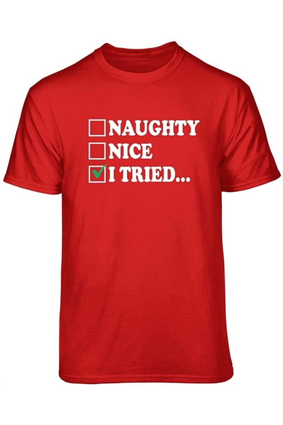 Naughty Nice I Tried Graphic T-Shirt (Medium - Standard Fit, Red Green Check)