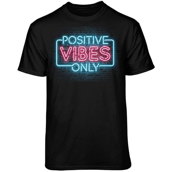 Teelocity Neon Light Positive Vibes Only Graphic T-Shirt (Small - Standard Fit, Black)