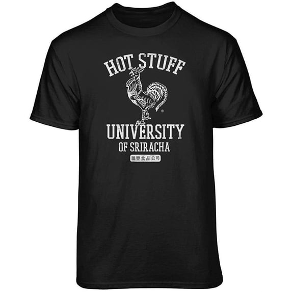 Teelocity Sriracha Hot Stuff University Graphic T-Shirt (Large - Standard Fit, Black)
