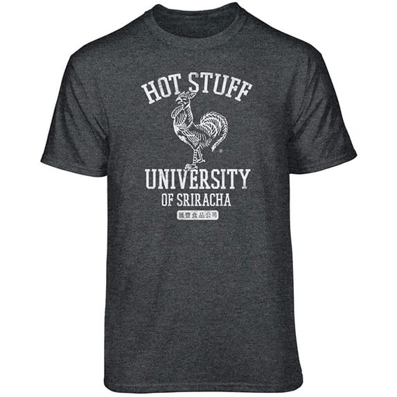 Teelocity Sriracha Hot Stuff University Graphic T-Shirt (Large - Standard Fit, Charcoal Heather)