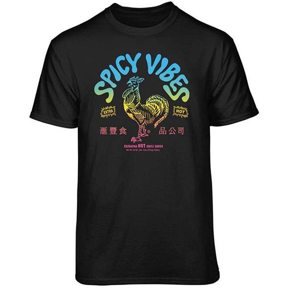 Teelocity Sriracha Spicy Vibes Graphic T-Shirt (Medium - Standard Fit, Black)