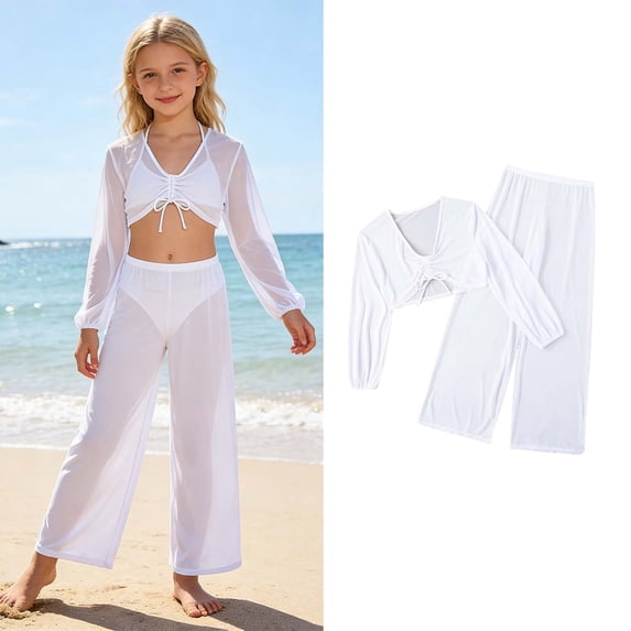Teen Bathing Suit Cover Up Long Sleeve V Neck Drawstring Cover Up Top and Cover Up Long Pants 2 Piece Set Swim Suits for Girls 13-14 Years