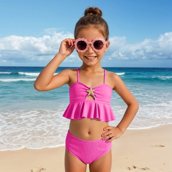 Teen Bathing Suits Girl Junior Girl's Cute Two Piece Bikini Sets Ruffle Peplum Shell High Waisted Ribbed Swimsuit Textured Kids Tankini