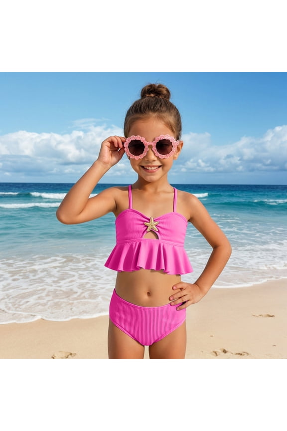 Teen Bathing Suits Girl Junior Girl's Cute Two Piece Bikini Sets Ruffle Peplum Shell High Waisted Ribbed Swimsuit Textured Kids Tankini