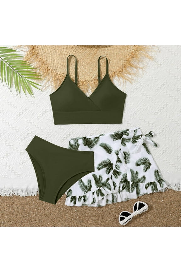 Teen Bathing Suits Girl Junior Girls 3 Piece Bikini Bathing Suit Teen Girls Swimwear Sport Swimsuits with Shorts 9-16T 3 Piece Girl Bathing Suits Solid Color Cutout