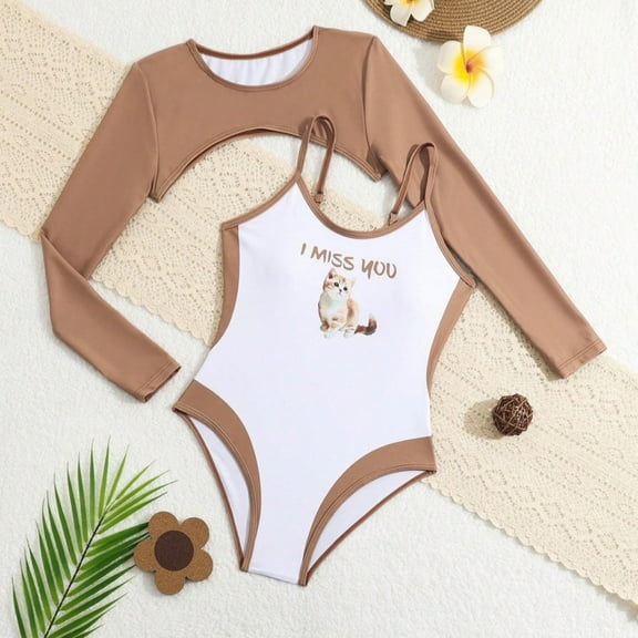 Teen Bathing Suits Teen Girls Long Sleeve Sun Protection One Piece Swimsuit with Cover Up Two Piece Swimwear Girls Tankini Swimsuit Khaki 9 Years-10 Years